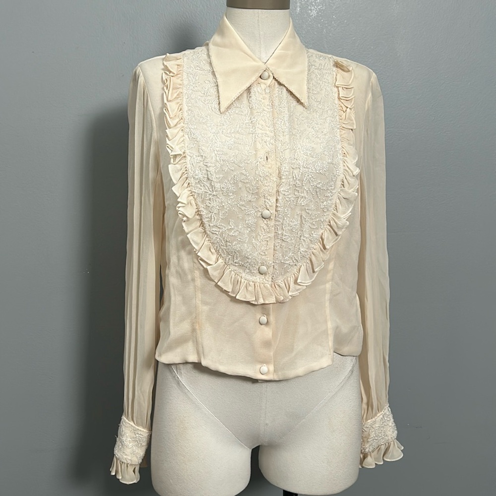 Cream silk beaded ruffle chest chiffon long sleeve cloth button shirt size M